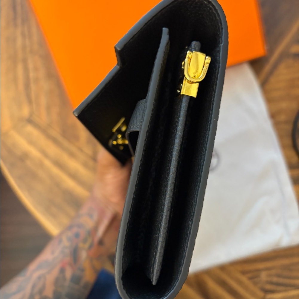 Black Leather Crossbody Clutch, Gold Hardware similar Kelly Wallet, not Hermes - Picture 8 of 11